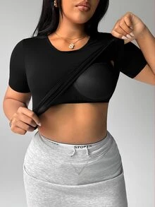 SHEIN Sports Plus Size Women's Seamless Sports T-Shirt With Built-In Bra - Black - View 3