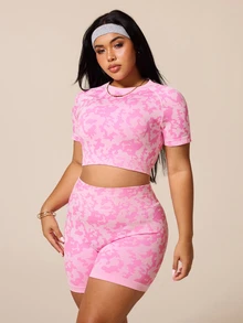Rhythm Era Plus Size Women Allover Print Hollow Out Short Sleeve Top And Tight Shorts Sports Set - Pink - View 5