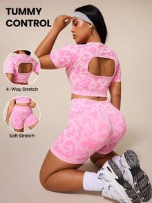 Rhythm Era Plus Size Women Allover Print Hollow Out Short Sleeve Top And Tight Shorts Sports Set - Pink - View 2