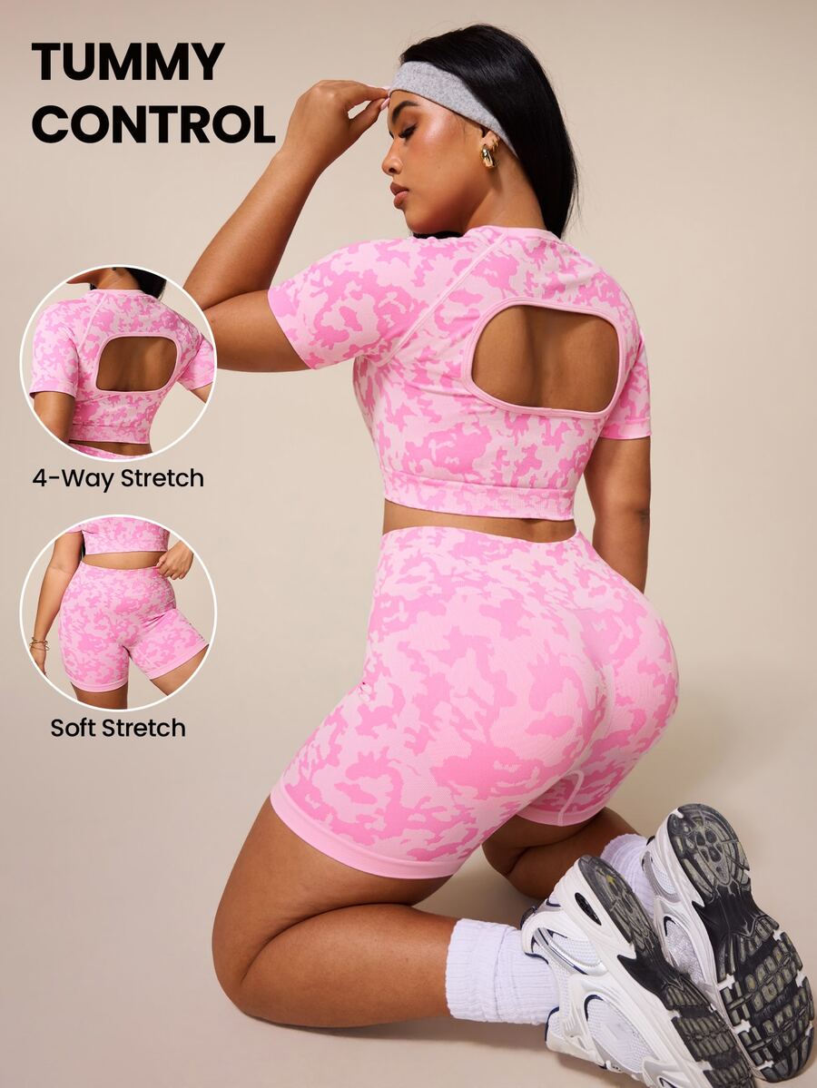 Rhythm Era Plus Size Women Allover Print Hollow Out Short Sleeve Top And Tight Shorts Sports Set