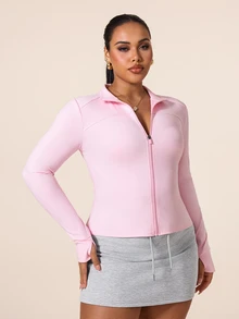 SHEIN Rhythm Era Women's Plus Size Solid Color Fitted Sports Jacket Autumn Gym Light Pink - Pink - View 4