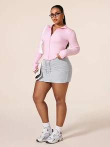 SHEIN Rhythm Era Women's Plus Size Solid Color Fitted Sports Jacket Autumn Gym Light Pink - Pink - View 5