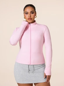 SHEIN Rhythm Era Women's Plus Size Solid Color Fitted Sports Jacket Autumn Gym Light Pink - Pink - View 7