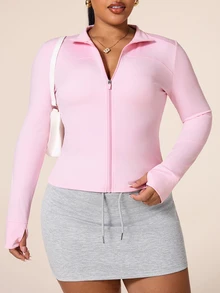SHEIN Rhythm Era Women's Plus Size Solid Color Fitted Sports Jacket Autumn Gym Light Pink - Pink - View 6