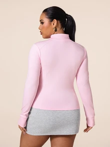 SHEIN Rhythm Era Women's Plus Size Solid Color Fitted Sports Jacket Autumn Gym Light Pink - Pink - View 2
