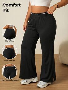SHEIN Rhythm Era Casual Versatile Black High Elastic Webbing Side Slit Design Comfortable Slimming Plus Size Sports Long Pants Gym Pilates Summer - Black - View 1