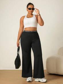SHEIN Rhythm Era Casual Versatile Black High Elastic Webbing Side Slit Design Comfortable Slimming Plus Size Sports Long Pants Gym Pilates Summer - Black - View 7