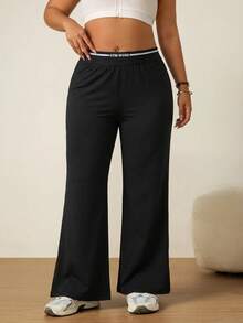 SHEIN Rhythm Era Casual Versatile Black High Elastic Webbing Side Slit Design Comfortable Slimming Plus Size Sports Long Pants Gym Pilates Summer - Black - View 3