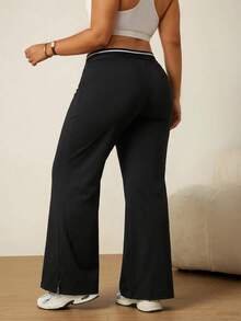 SHEIN Rhythm Era Casual Versatile Black High Elastic Webbing Side Slit Design Comfortable Slimming Plus Size Sports Long Pants Gym Pilates Summer - Black - View 2