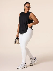 SHEIN Rhythm Era Women's Plus Size Solid Color Casual Versatile Daily Gym Active Travel Sports T-Shirt Black Summer - Black - View 6