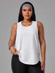 SHEIN Rhythm Era 大码女士运动瑜伽户外健身无袖背心，简约基础款设计，侧边和后背采用网眼拼接。 - 白色 - 查看 3