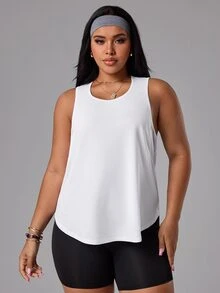 SHEIN Rhythm Era 大码女士运动瑜伽户外健身无袖背心，简约基础款设计，侧边和后背采用网眼拼接。 - 白色 - 查看 4