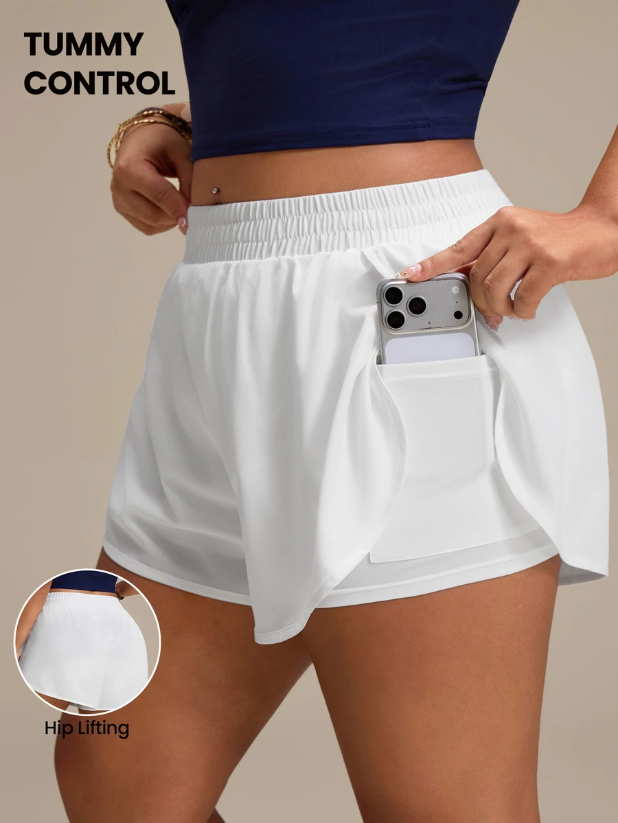 SHEIN Rhythm Era Casual Versatile White Slimming Sports Shorts With Storage Pockets Gym Sports Summer - White - View 1