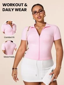SHEIN Rhythm Era Women's Plus Size Short Sleeve Sports Jacket Gym Light Pink Summer - Pink - View 1