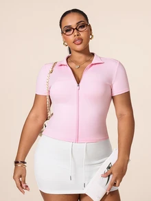 SHEIN Rhythm Era Women's Plus Size Short Sleeve Sports Jacket Gym Light Pink Summer - Pink - View 7