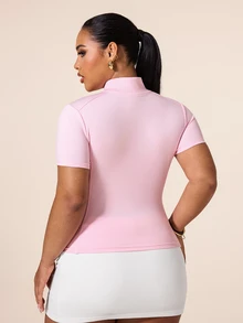 SHEIN Rhythm Era Women's Plus Size Short Sleeve Sports Jacket Gym Light Pink Summer - Pink - View 2