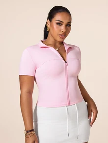 SHEIN Rhythm Era Women's Plus Size Short Sleeve Sports Jacket Gym Light Pink Summer - Pink - View 5