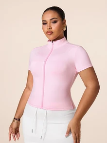 SHEIN Rhythm Era Women's Plus Size Short Sleeve Sports Jacket Gym Light Pink Summer - Pink - View 4