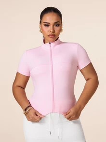 SHEIN Rhythm Era Women's Plus Size Short Sleeve Sports Jacket Gym Light Pink Summer - Pink - View 3