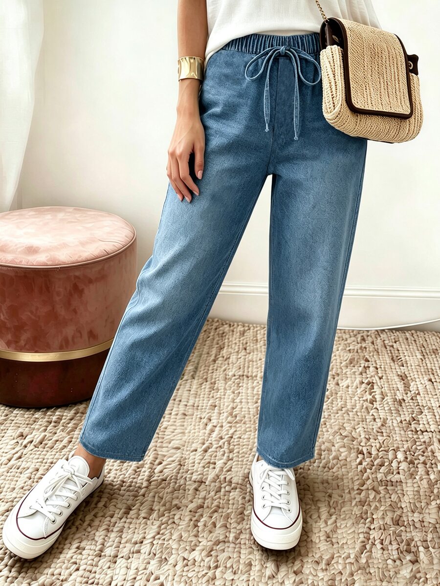 Breezaya Plus Size Casual Denim Effect Printed Pants - Multicolor - View 1