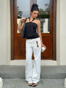 SHEIN EZwear 女款春夏時尚百搭掛脖黑色背心 - 黑色 - 查看 5