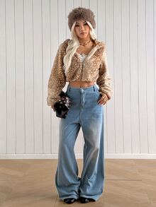 SHEIN EZwear 女款時尚提花拉鍊長袖人造毛連帽夾克 - 摩卡棕 - 查看 5