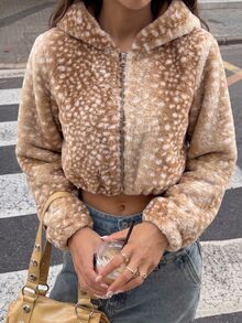 SHEIN EZwear 女款時尚提花拉鍊長袖人造毛連帽夾克 - 摩卡棕 - 查看 11