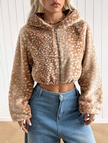 SHEIN EZwear 女款時尚提花拉鍊長袖人造毛連帽夾克 - 摩卡棕 - 查看 8