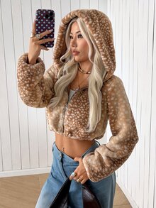 SHEIN EZwear 女款時尚提花拉鍊長袖人造毛連帽夾克 - 摩卡棕 - 查看 6
