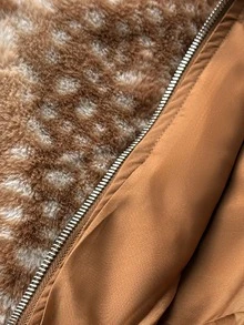 SHEIN EZwear 女款時尚提花拉鍊長袖人造毛連帽夾克 - 摩卡棕 - 查看 12