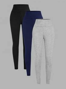 SHEIN Girlism TEENGIRL 黑色、灰色、深藍色緊身彈性休閒運動內搭褲，純色運動慢跑內搭褲，買1送2共3件 - 彩色 - 查看 7