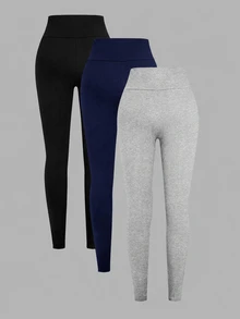 SHEIN Girlism TEENGIRL 黑色、灰色、深藍色緊身彈性休閒運動內搭褲，純色運動慢跑內搭褲，買1送2共3件 - 彩色 - 查看 8