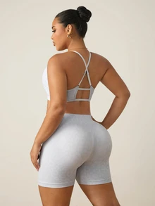 SHEIN Rhythm Era Plus Size Women Seamless Leopard Print Camisole Bra Shorts Sports Set Gym Sports Grey Summer - Multicolor - View 2