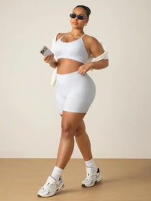 SHEIN Rhythm Era Plus Size Women Seamless Leopard Print Camisole Bra Shorts Sports Set Gym Sports Grey Summer - Multicolor - View 7