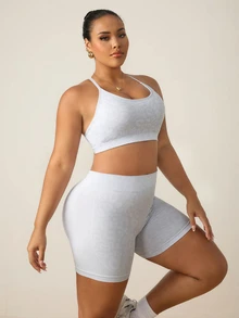 SHEIN Rhythm Era Plus Size Women Seamless Leopard Print Camisole Bra Shorts Sports Set Gym Sports Grey Summer - Multicolor - View 4