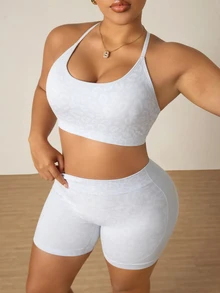 SHEIN Rhythm Era Plus Size Women Seamless Leopard Print Camisole Bra Shorts Sports Set Gym Sports Grey Summer - Multicolor - View 5