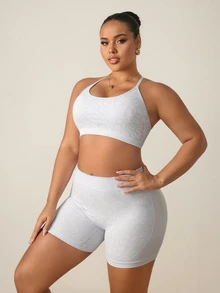 SHEIN Rhythm Era Plus Size Women Seamless Leopard Print Camisole Bra Shorts Sports Set Gym Sports Grey Summer - Multicolor - View 3