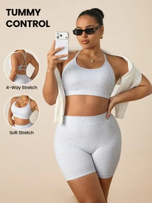 SHEIN Rhythm Era Plus Size Women Seamless Leopard Print Camisole Bra Shorts Sports Set Gym Sports Grey Summer - Multicolor - View 1