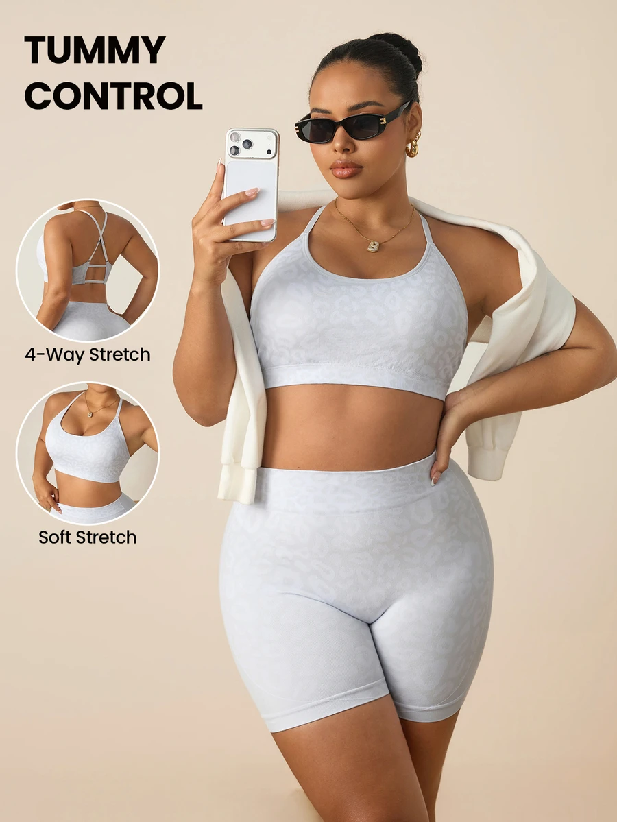 SHEIN Rhythm Era Plus Size Women Seamless Leopard Print Camisole Bra Shorts Sports Set Gym Sports Grey Summer - Multicolor - View 1