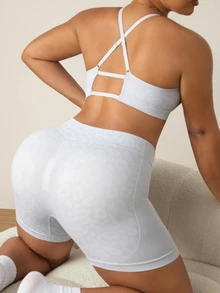 SHEIN Rhythm Era Plus Size Women Seamless Leopard Print Camisole Bra Shorts Sports Set Gym Sports Grey Summer - Multicolor - View 6