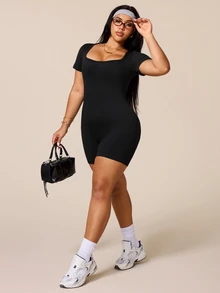 Rhythm Era Plus Size Women Solid Color Backless Fitted Sports Romper - Black - View 7