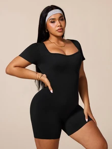 Rhythm Era Plus Size Women Solid Color Backless Fitted Sports Romper - Black - View 5
