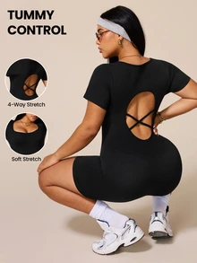 Rhythm Era Plus Size Women Solid Color Backless Fitted Sports Romper - Black - View 1