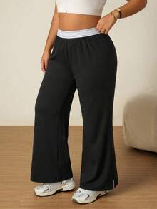 SHEIN Rhythm Era Casual Versatile Black High Elastic Webbing Side Slit Design Comfortable Slimming Plus Size Sports Long Pants Gym Summer - Black - View 4