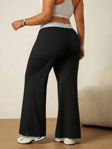 SHEIN Rhythm Era Casual Versatile Black High Elastic Webbing Side Slit Design Comfortable Slimming Plus Size Sports Long Pants Gym Summer - Black - View 2