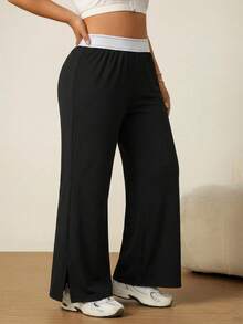 SHEIN Rhythm Era Casual Versatile Black High Elastic Webbing Side Slit Design Comfortable Slimming Plus Size Sports Long Pants Gym Summer - Black - View 6