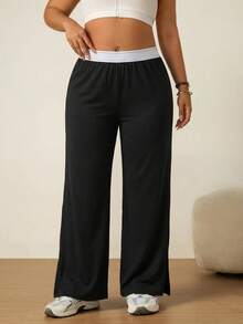 SHEIN Rhythm Era Casual Versatile Black High Elastic Webbing Side Slit Design Comfortable Slimming Plus Size Sports Long Pants Gym Summer - Black - View 3