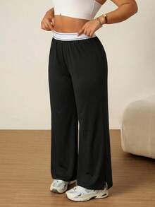 SHEIN Rhythm Era Casual Versatile Black High Elastic Webbing Side Slit Design Comfortable Slimming Plus Size Sports Long Pants Gym Summer - Black - View 8