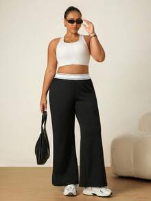 SHEIN Rhythm Era Casual Versatile Black High Elastic Webbing Side Slit Design Comfortable Slimming Plus Size Sports Long Pants Gym Summer - Black - View 7