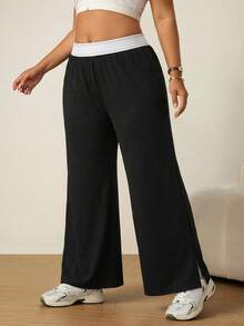 SHEIN Rhythm Era Casual Versatile Black High Elastic Webbing Side Slit Design Comfortable Slimming Plus Size Sports Long Pants Gym Summer - Black - View 5